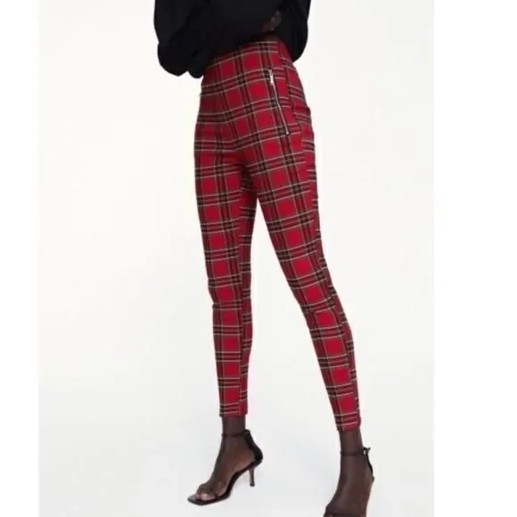 Zara red plaid zipper front pull on skinny pants xs - Picture 1 of 9